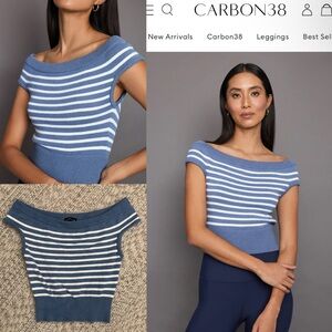 Carbon38 Blue and White stripes Off-the-Shoulder Short Sleeve Sweater Top